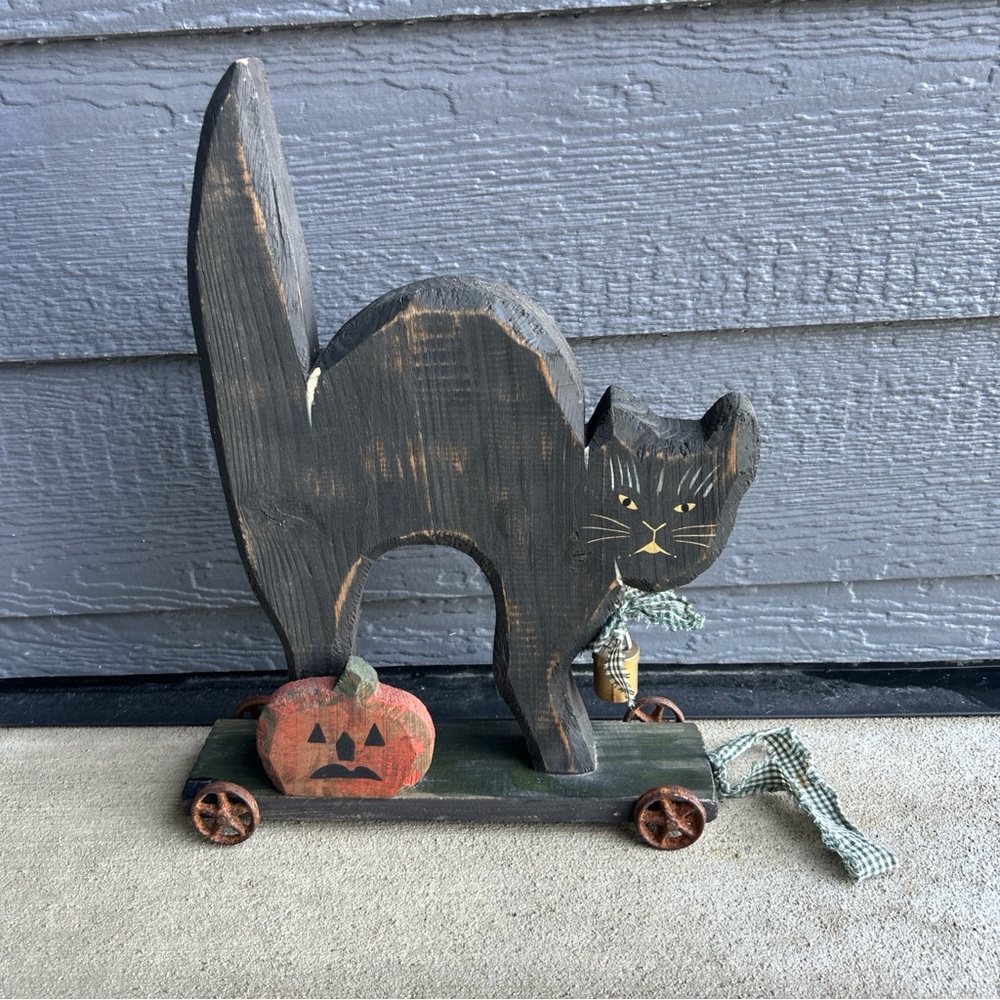 Retro Rustic Primitive Style Black Cat Halloween Rolling Figure Folk Art Pumpkin